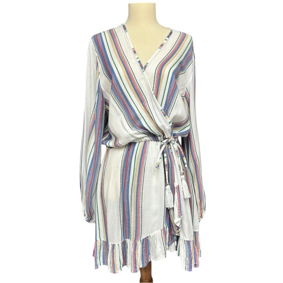 blue island Dresses & Skirts - Blue Island White Multi Stripe Wrap Dress Women’s Medium Boho Tassel Tie Lightwe